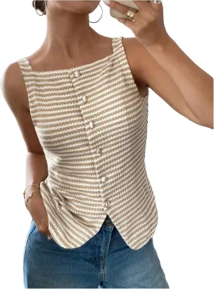 Floerns Women's Striped Print Sleeveless Slit Vest Shirts Button Front Blouse Top