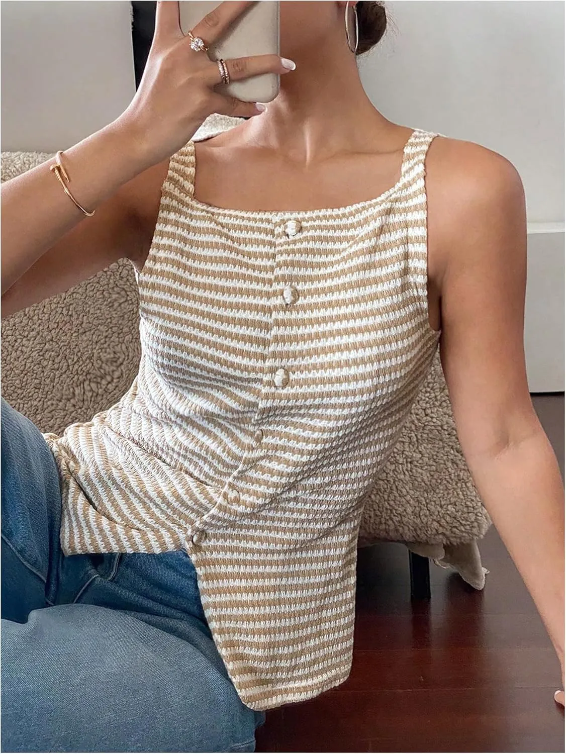Floerns Women's Striped Print Sleeveless Slit Vest Shirts Button Front Blouse Top