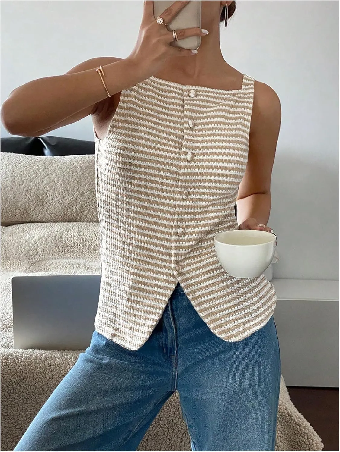 Floerns Women's Striped Print Sleeveless Slit Vest Shirts Button Front Blouse Top