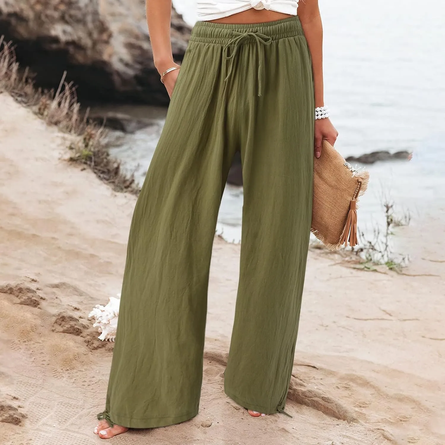 Flowy Pants for Women, Women Linen Palazzo Pants Summer Boho Wide Leg High Waist Casual Lounge Pant Trousers