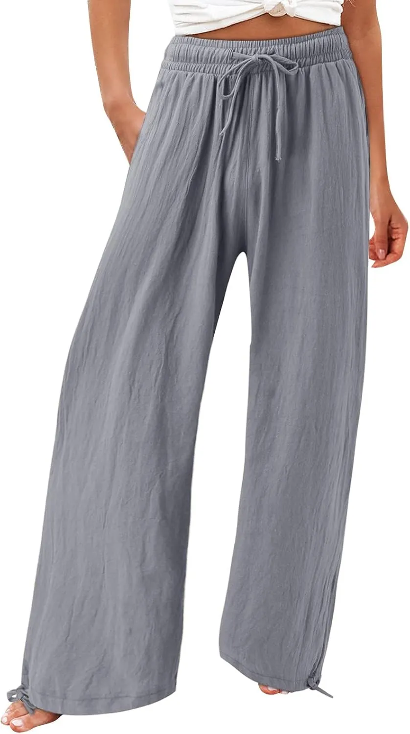 Flowy Pants for Women, Women Linen Palazzo Pants Summer Boho Wide Leg High Waist Casual Lounge Pant Trousers