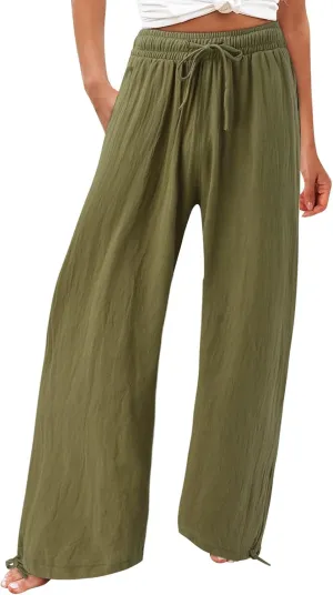Flowy Pants for Women, Women Linen Palazzo Pants Summer Boho Wide Leg High Waist Casual Lounge Pant Trousers