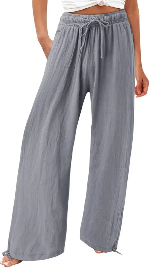 Flowy Pants for Women, Women Linen Palazzo Pants Summer Boho Wide Leg High Waist Casual Lounge Pant Trousers