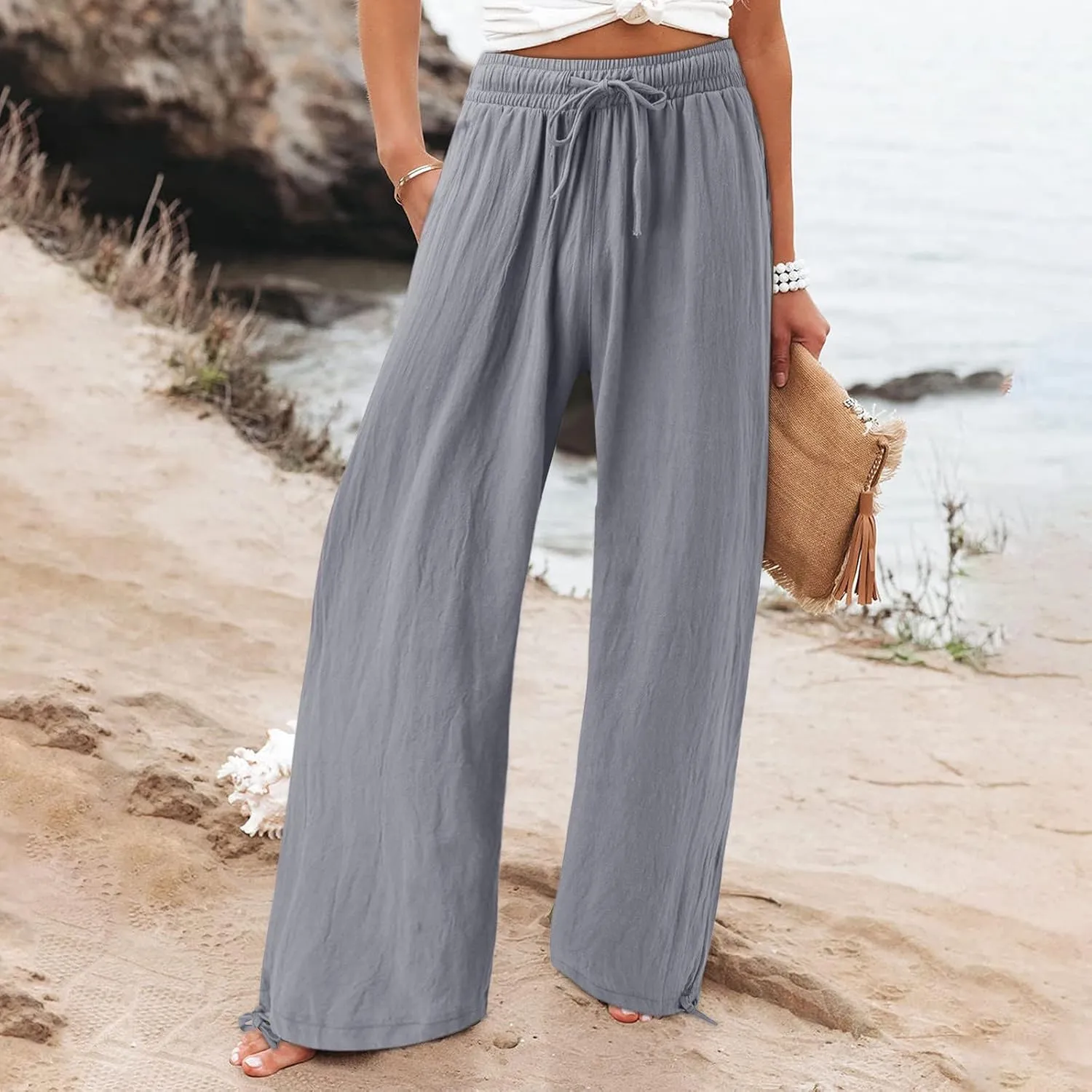 Flowy Pants for Women, Women Linen Palazzo Pants Summer Boho Wide Leg High Waist Casual Lounge Pant Trousers