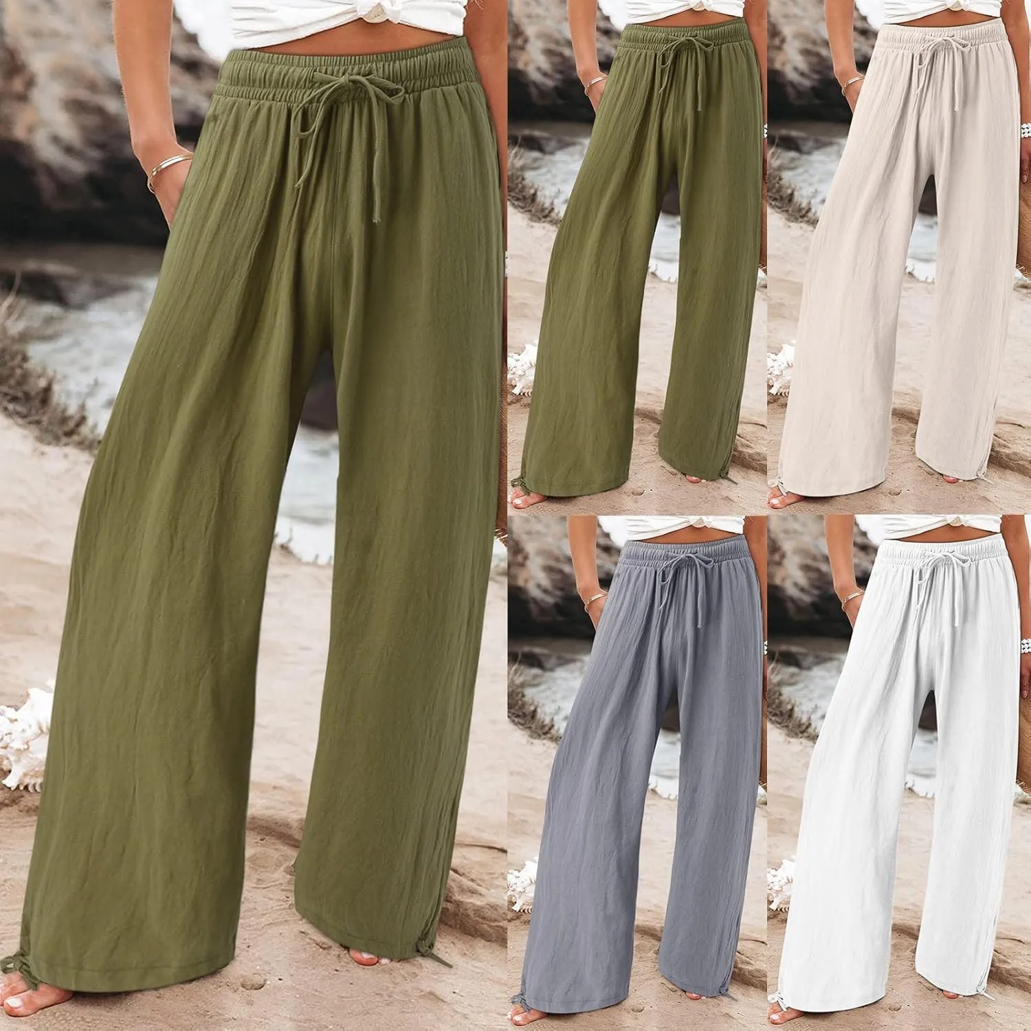 Flowy Pants for Women, Women Linen Palazzo Pants Summer Boho Wide Leg High Waist Casual Lounge Pant Trousers