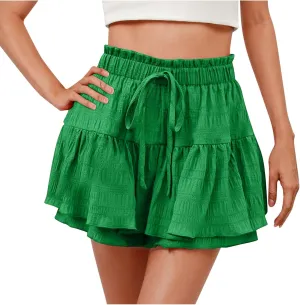 Flowy Shorts for Women Casual Boho Ruffle Tiered Skorts High Waisted Drawstring Mini Skirts Tennis Comfy Shorts 2025