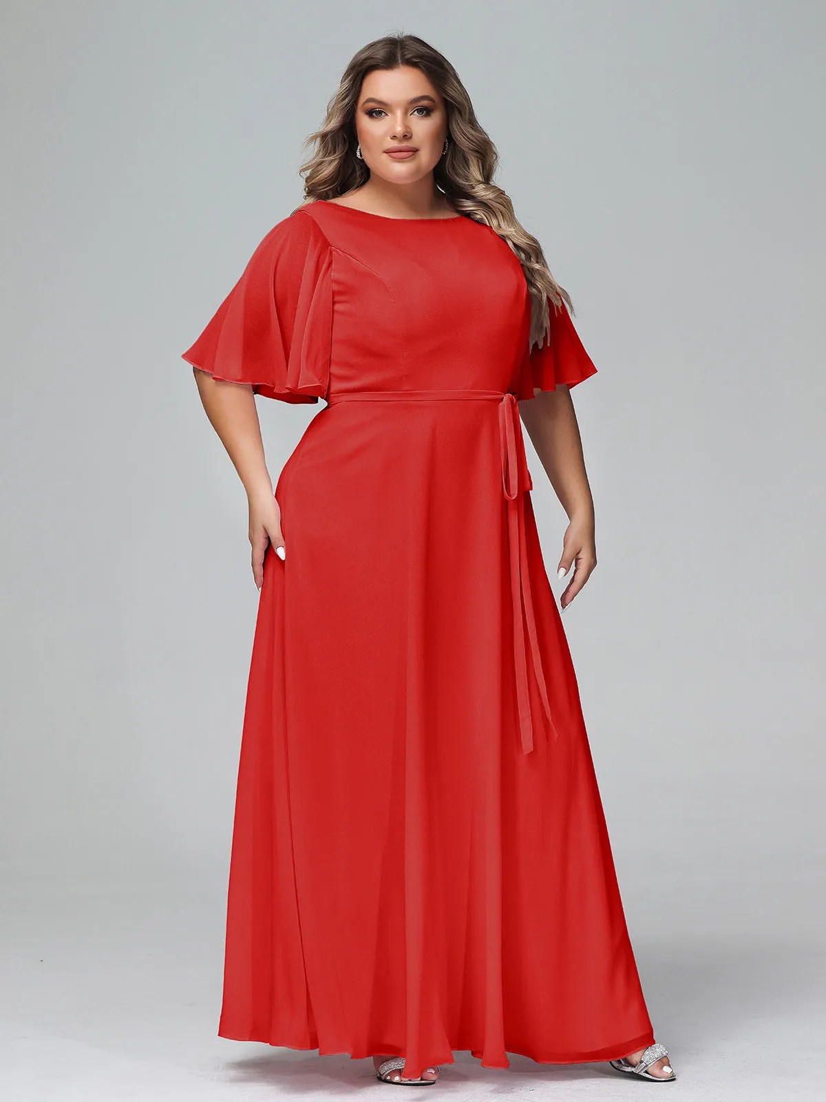 Flutter Sleeves Chiffon Max Dresses with Sash Bow-Red Plus Size