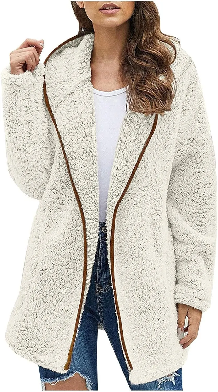 Fuzzy Fleece Jacket Women Full Zip Up Hooded Winter Coats Sherpa Lined Fluffy Hoodie Oversized Faux Fur Outerwear