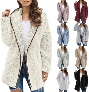 Fuzzy Fleece Jacket Women Full Zip Up Hooded Winter Coats Sherpa Lined Fluffy Hoodie Oversized Faux Fur Outerwear