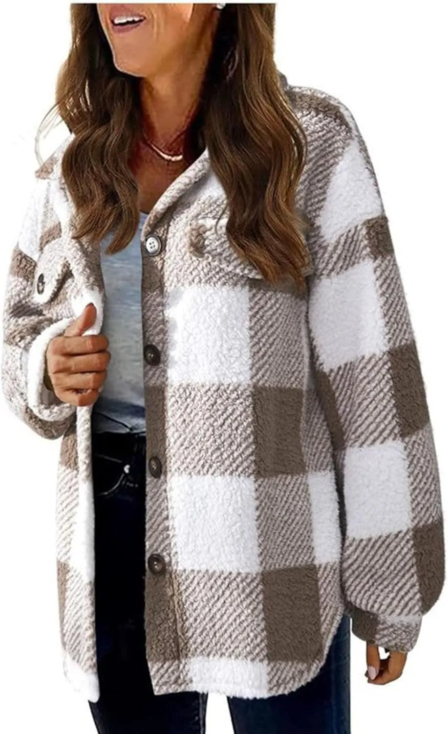 Fuzzy Fleece Jackets For Women Casual Fashion 2023 Plaid Button Down Shacket Warm Winter Sherpa Coats Outwear