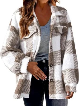 Fuzzy Fleece Jackets For Women Casual Fashion 2023 Plaid Button Down Shacket Warm Winter Sherpa Coats Outwear