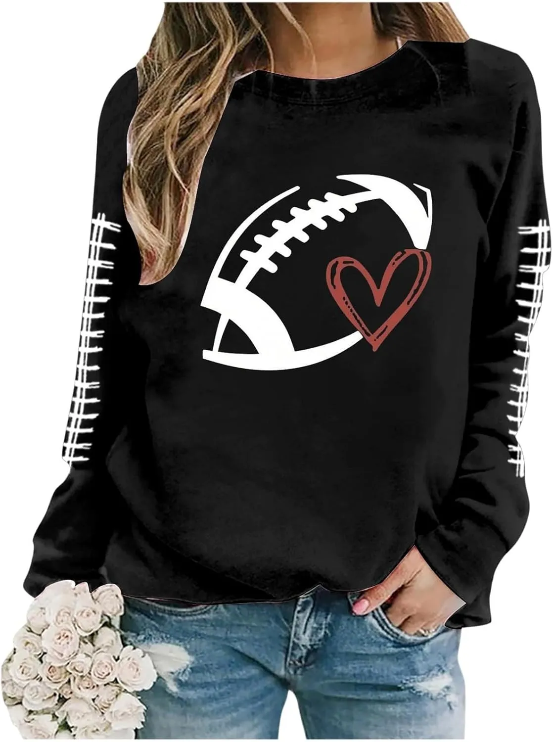 Game Day Sweatshirt Women Heart Football Graphic Sweatshirt Fall Long Sleeve Pullover Tops Football Mom Sweatshirt