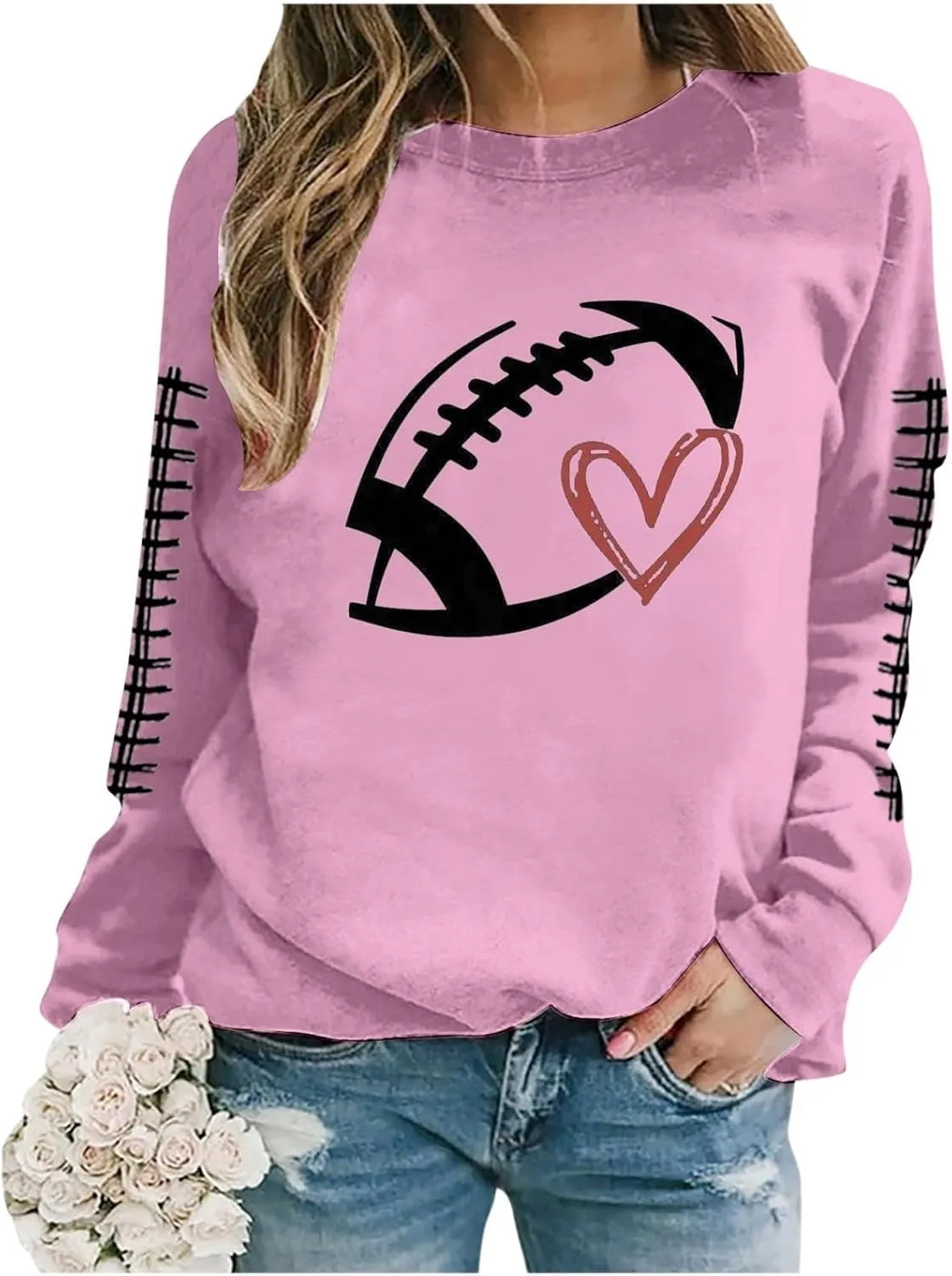 Game Day Sweatshirt Women Heart Football Graphic Sweatshirt Fall Long Sleeve Pullover Tops Football Mom Sweatshirt