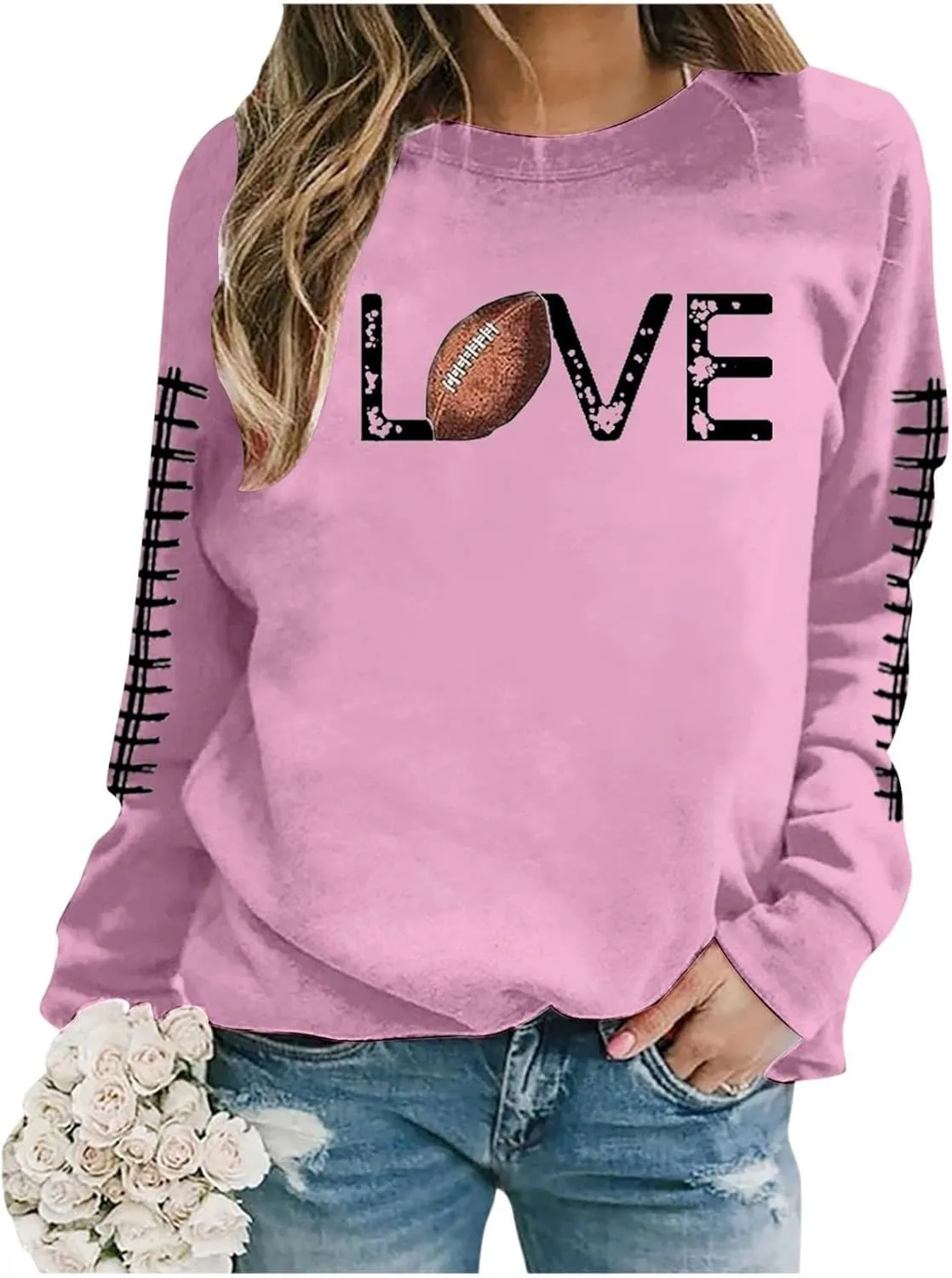 Game Day Sweatshirt Women Heart Football Graphic Sweatshirt Fall Long Sleeve Pullover Tops Football Mom Sweatshirt