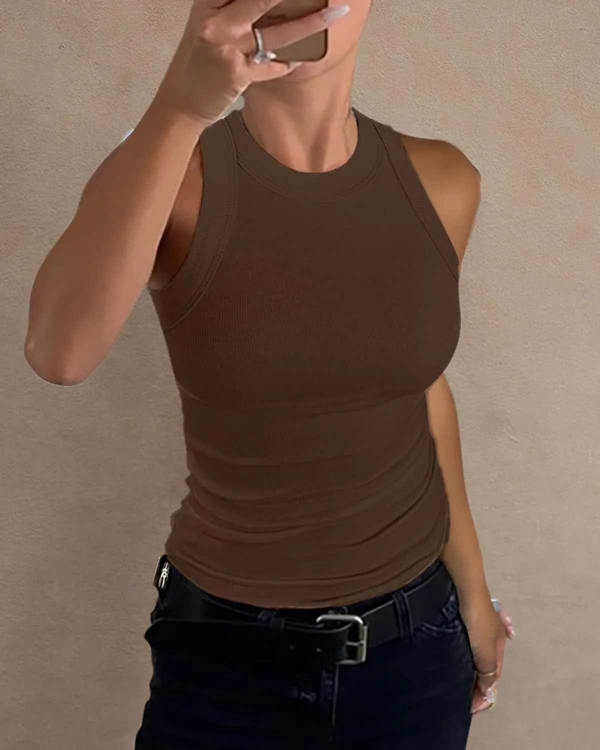 GEMBERA Womens Sleeveless Racerback High Neck Casual Basic Cotton Ribbed Fitted Tank Top