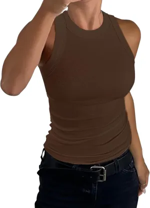 GEMBERA Womens Sleeveless Racerback High Neck Casual Basic Cotton Ribbed Fitted Tank Top