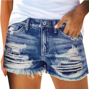 GOKKILRW Womens High Waisted Denim Shorts Casual Ripped Mid Rise Summer Hot Short Jeans Fray Distressed Stretchy Jean Shorts