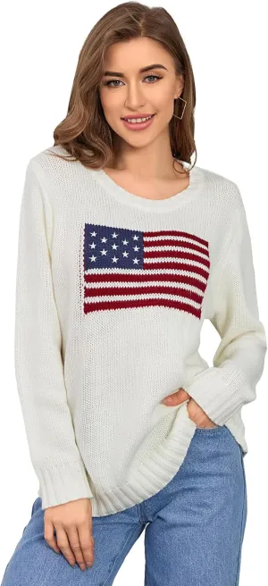 GORGLITTER Women's American Flag Graphic Long Sleeve Sweater Knit Round Neck Pullover Top