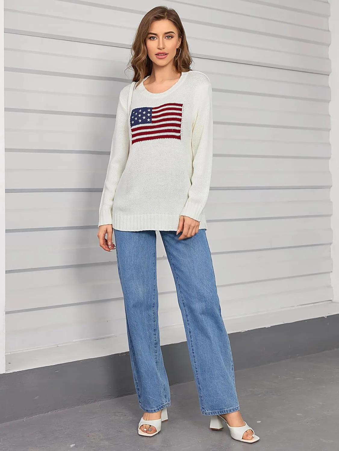 GORGLITTER Women's American Flag Graphic Long Sleeve Sweater Knit Round Neck Pullover Top