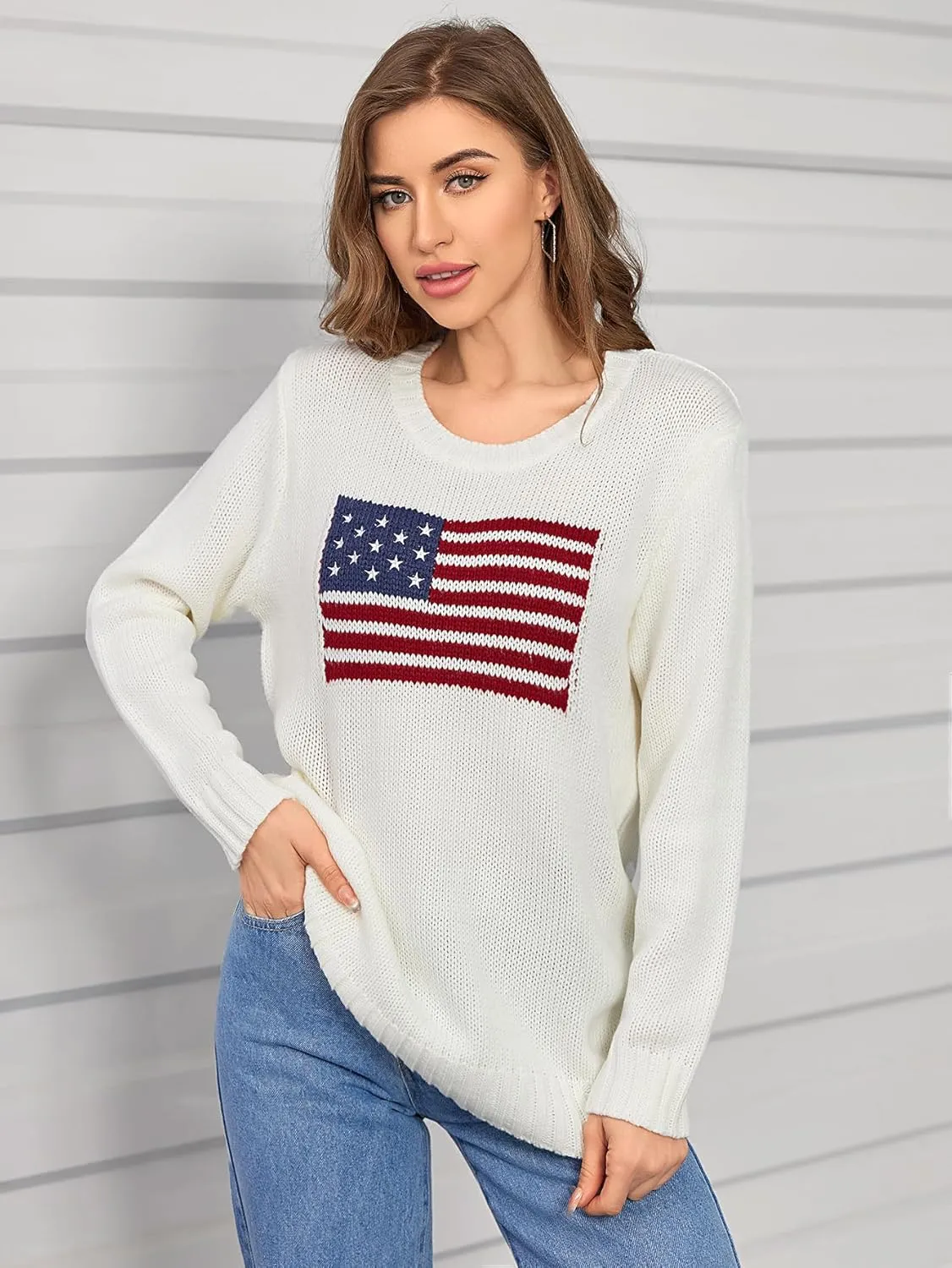 GORGLITTER Women's American Flag Graphic Long Sleeve Sweater Knit Round Neck Pullover Top