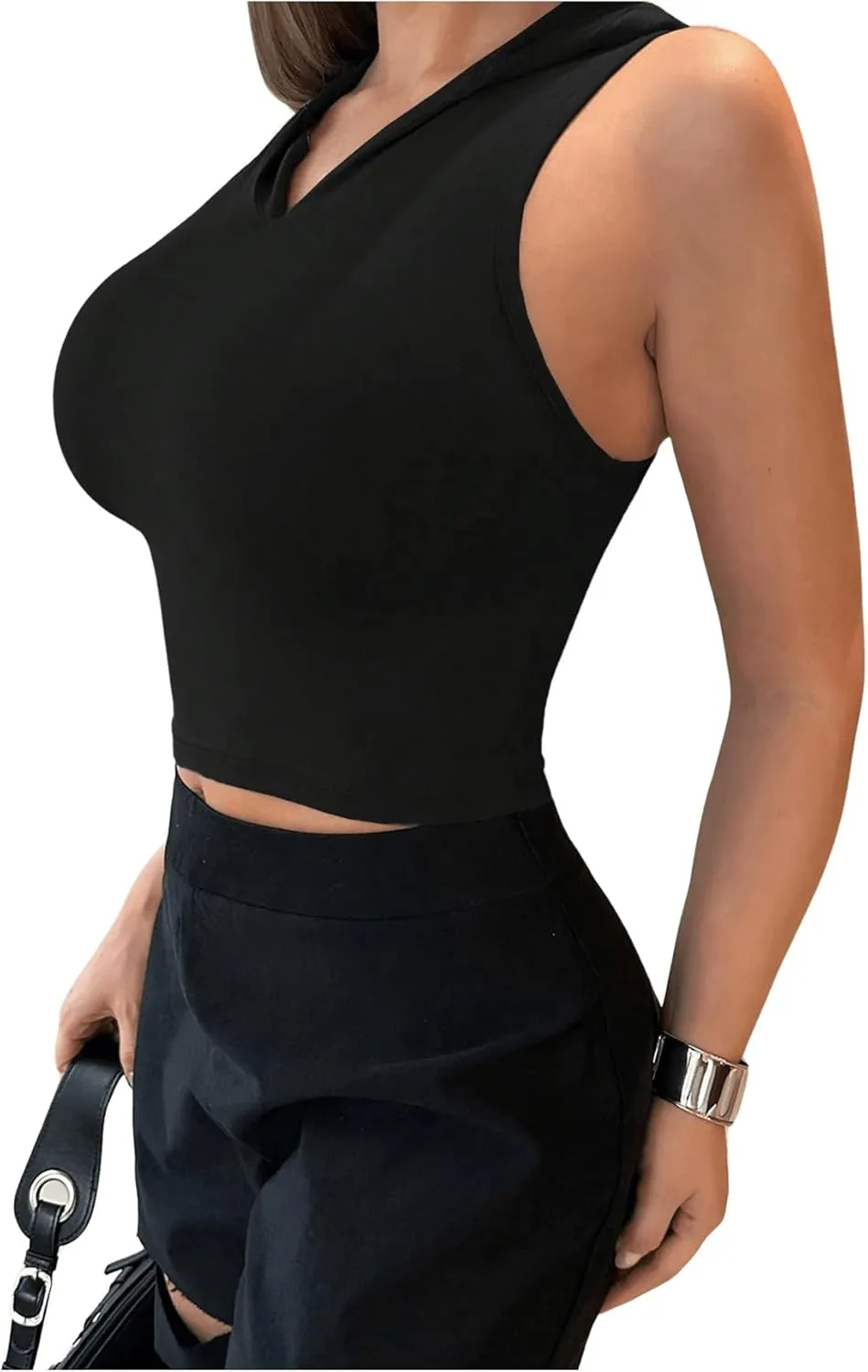GORGLITTER Women's Hooded Crop Tank Top Sleeveless Hollow Out Workout Rave Tops