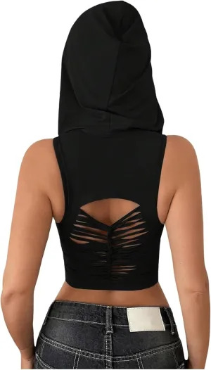 GORGLITTER Women's Hooded Crop Tank Top Sleeveless Hollow Out Workout Rave Tops