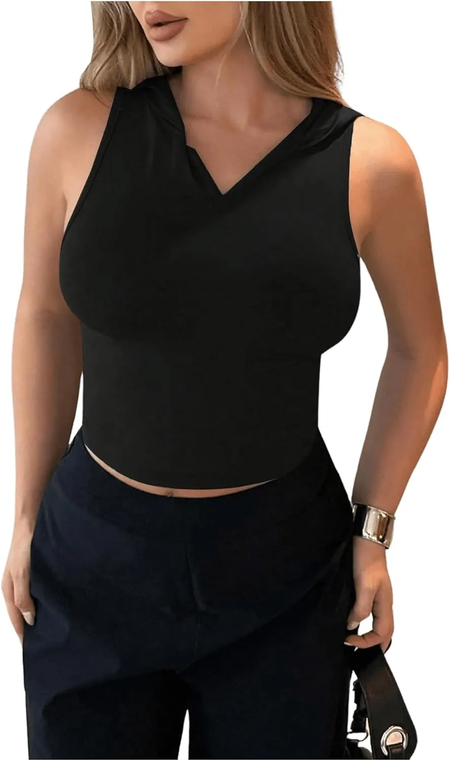 GORGLITTER Women's Hooded Crop Tank Top Sleeveless Hollow Out Workout Rave Tops