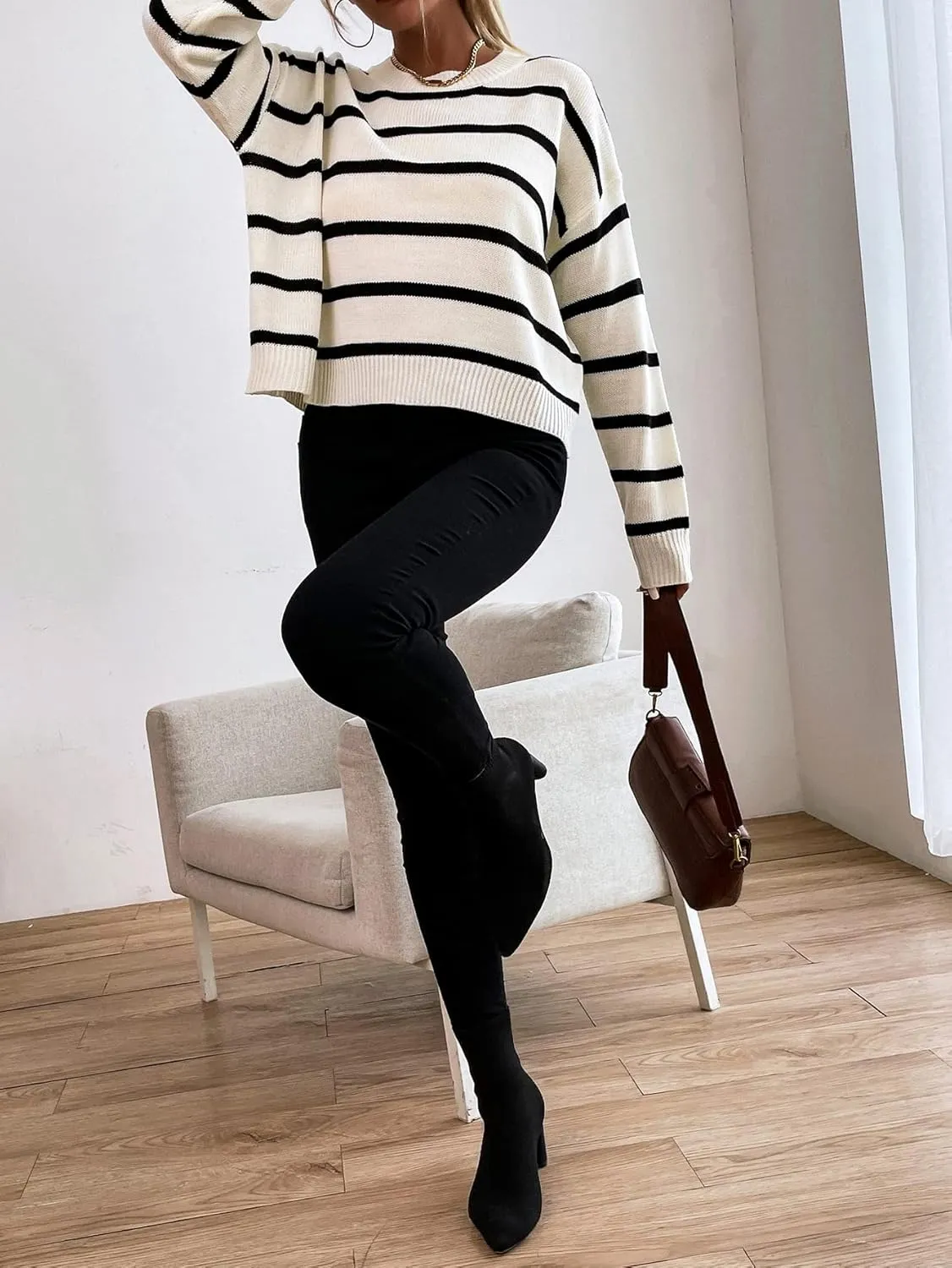 GORGLITTER Women's Striped Drop Shoulder Sweater Oversized Crew Neck Knit Sweaters Pullover Top