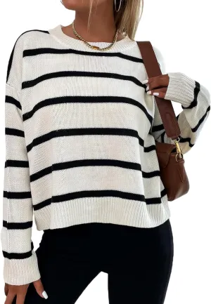 GORGLITTER Women's Striped Drop Shoulder Sweater Oversized Crew Neck Knit Sweaters Pullover Top