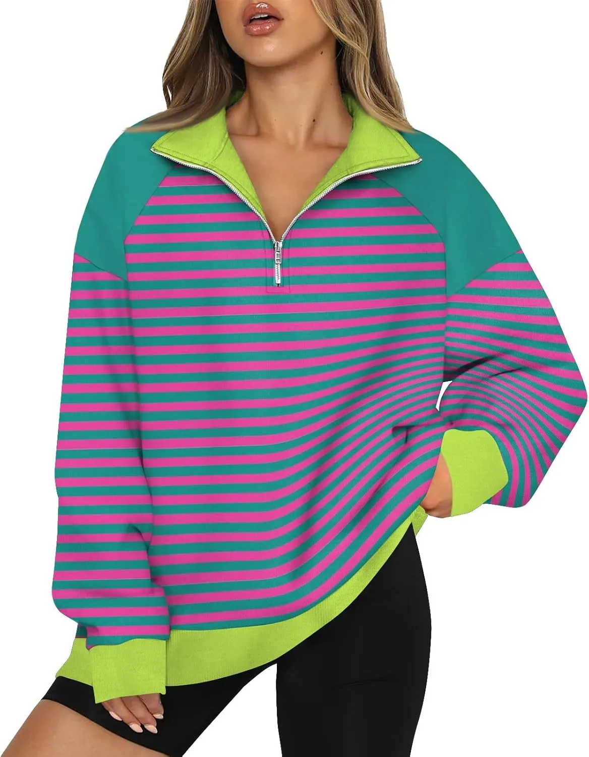 Gumipy Quarter Zip Pullover Women Fleece Stripe Color Block Half Zip Pullover Y2K Lapel Oversized Sweatshirt Long Sleeve Top