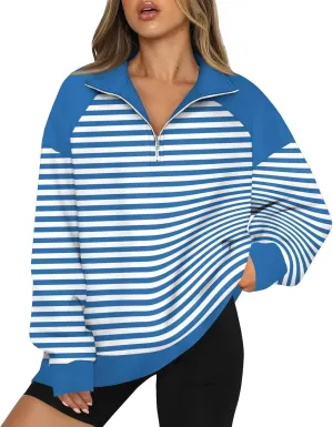 Gumipy Quarter Zip Pullover Women Fleece Stripe Color Block Half Zip Pullover Y2K Lapel Oversized Sweatshirt Long Sleeve Top