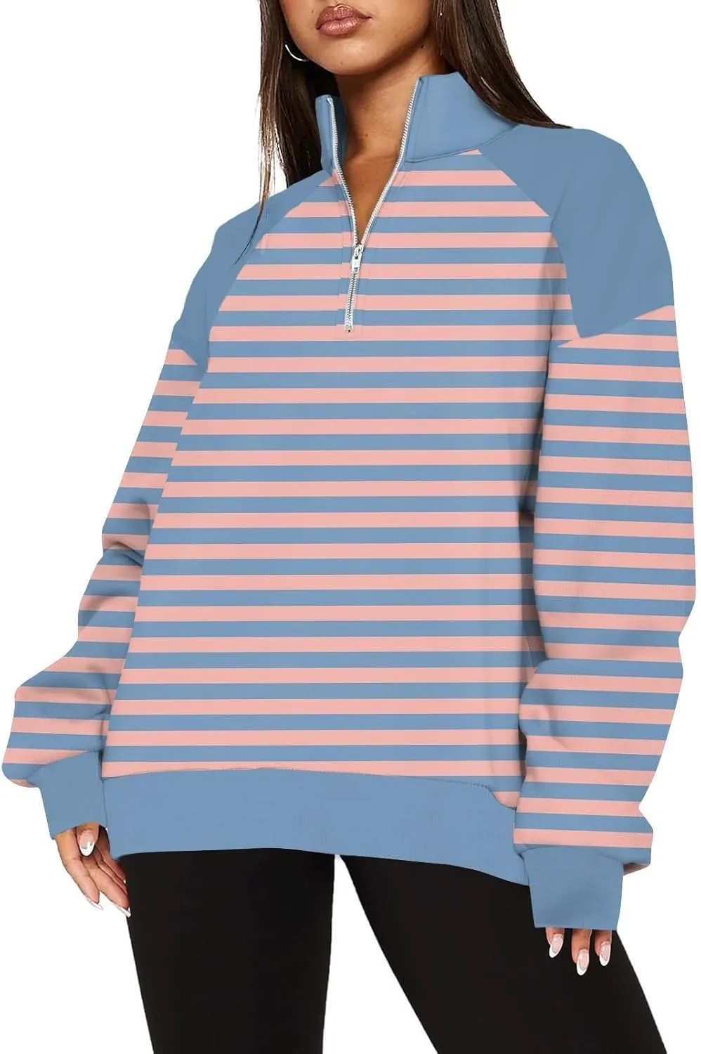 Gumipy Quarter Zip Pullover Women Fleece Stripe Color Block Half Zip Pullover Y2K Lapel Oversized Sweatshirt Long Sleeve Top
