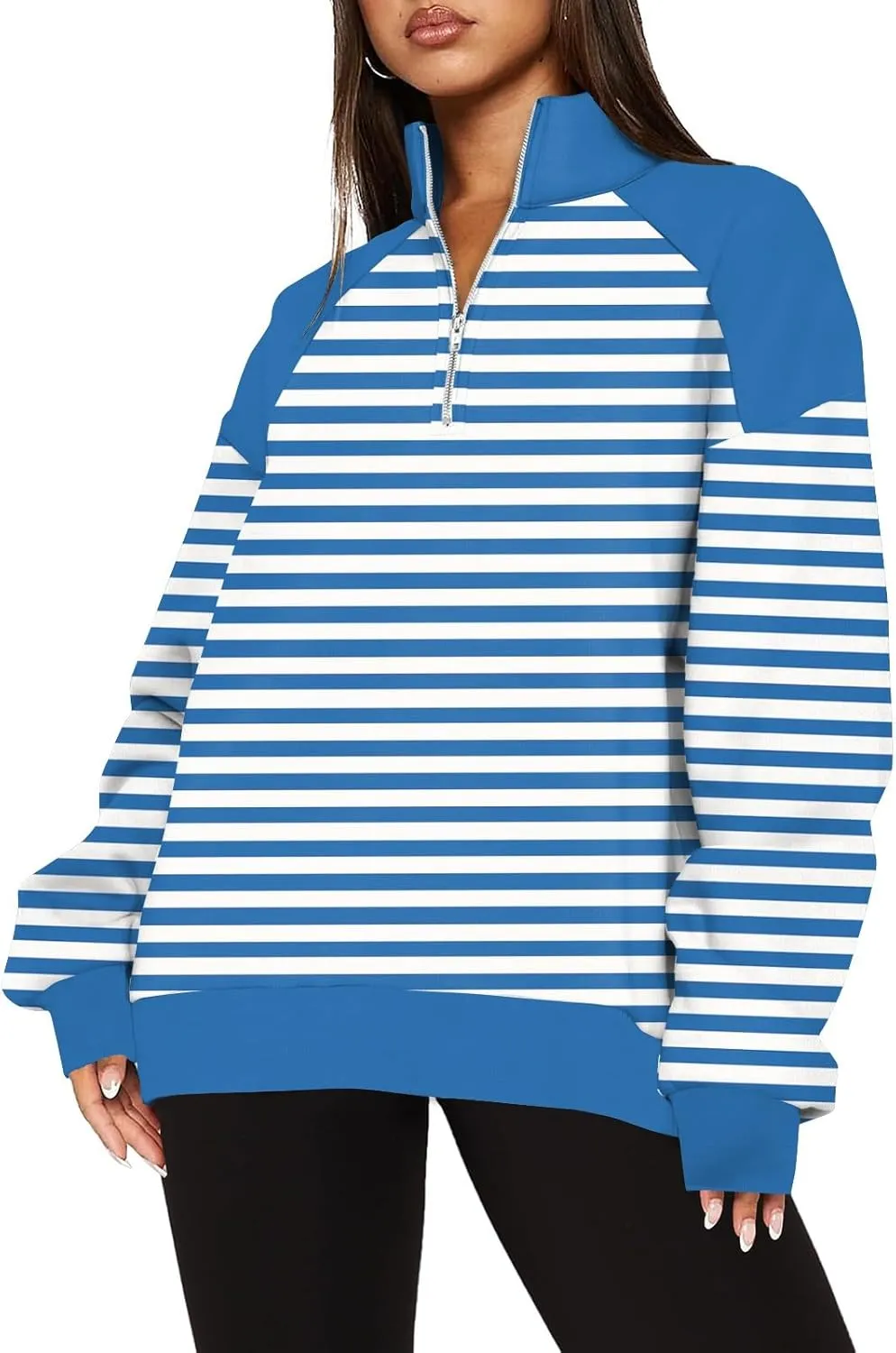 Gumipy Quarter Zip Pullover Women Fleece Stripe Color Block Half Zip Pullover Y2K Lapel Oversized Sweatshirt Long Sleeve Top