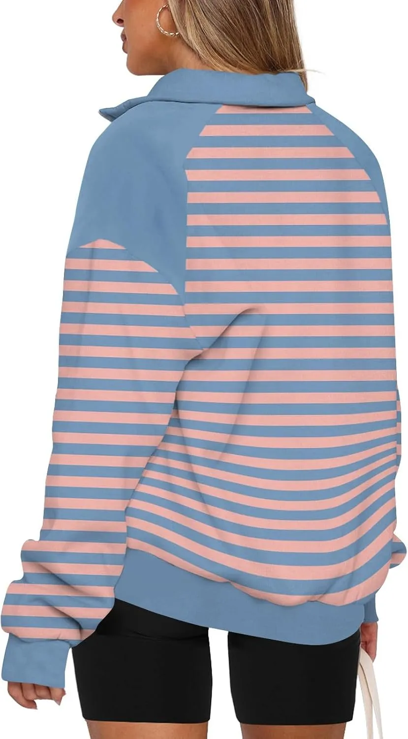 Gumipy Quarter Zip Pullover Women Fleece Stripe Color Block Half Zip Pullover Y2K Lapel Oversized Sweatshirt Long Sleeve Top