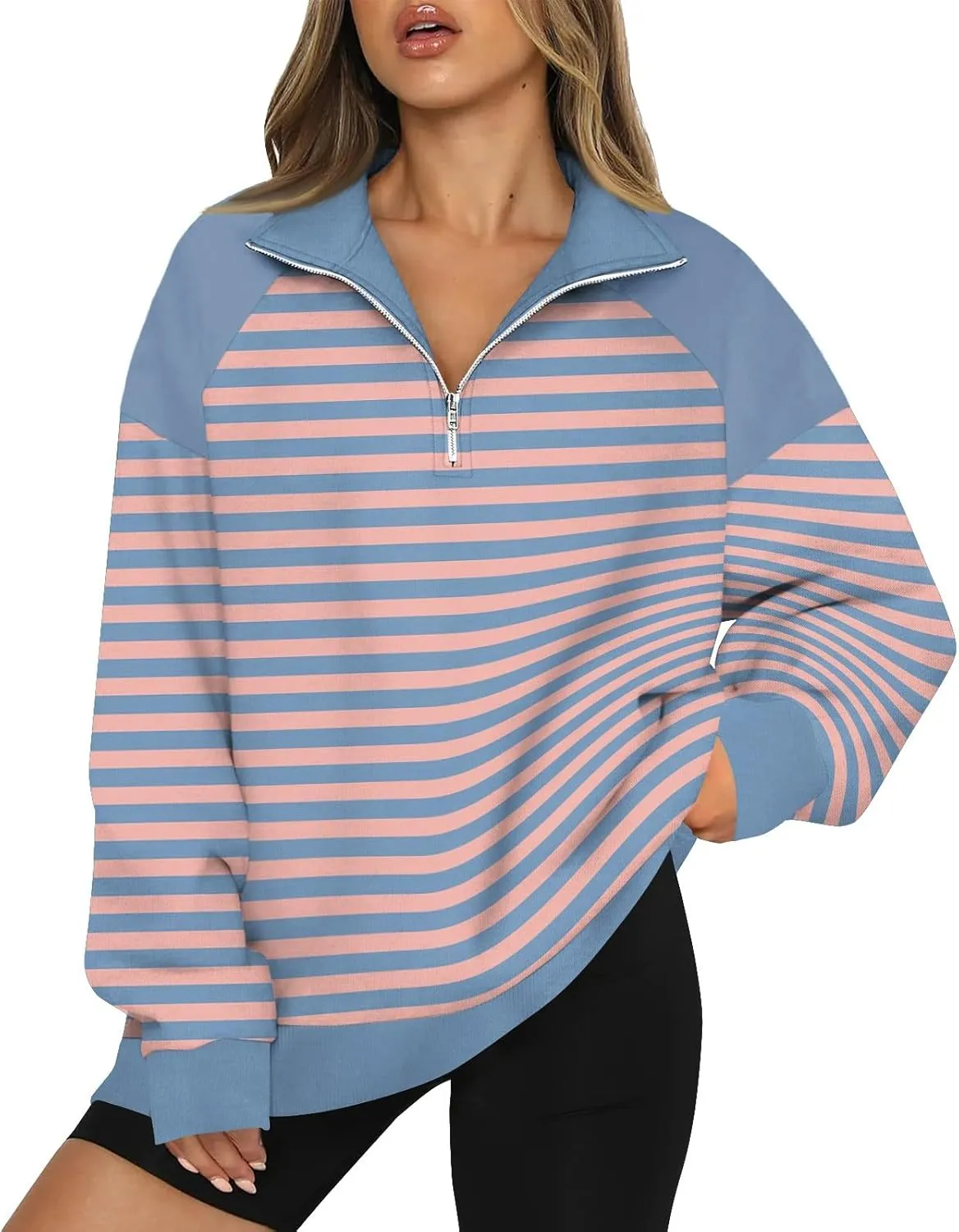 Gumipy Quarter Zip Pullover Women Fleece Stripe Color Block Half Zip Pullover Y2K Lapel Oversized Sweatshirt Long Sleeve Top