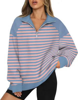 Gumipy Quarter Zip Pullover Women Fleece Stripe Color Block Half Zip Pullover Y2K Lapel Oversized Sweatshirt Long Sleeve Top