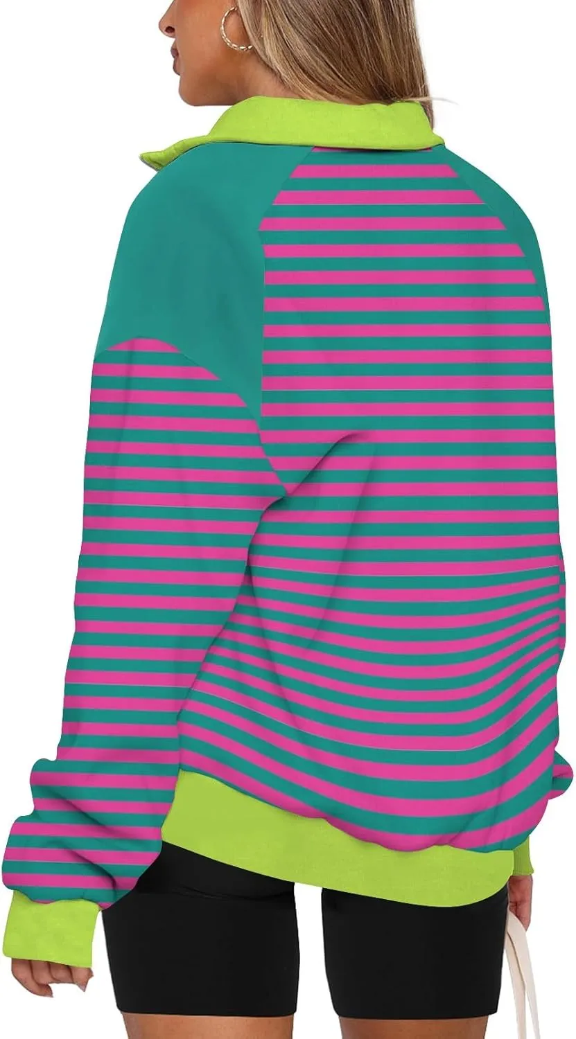 Gumipy Quarter Zip Pullover Women Fleece Stripe Color Block Half Zip Pullover Y2K Lapel Oversized Sweatshirt Long Sleeve Top