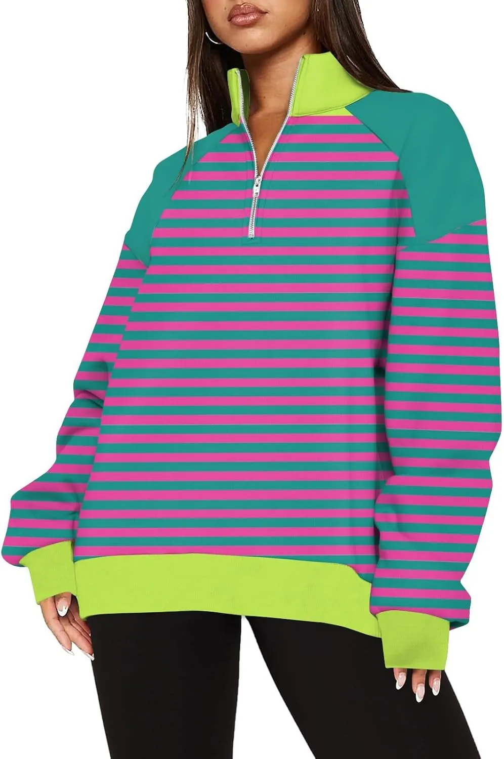 Gumipy Quarter Zip Pullover Women Fleece Stripe Color Block Half Zip Pullover Y2K Lapel Oversized Sweatshirt Long Sleeve Top