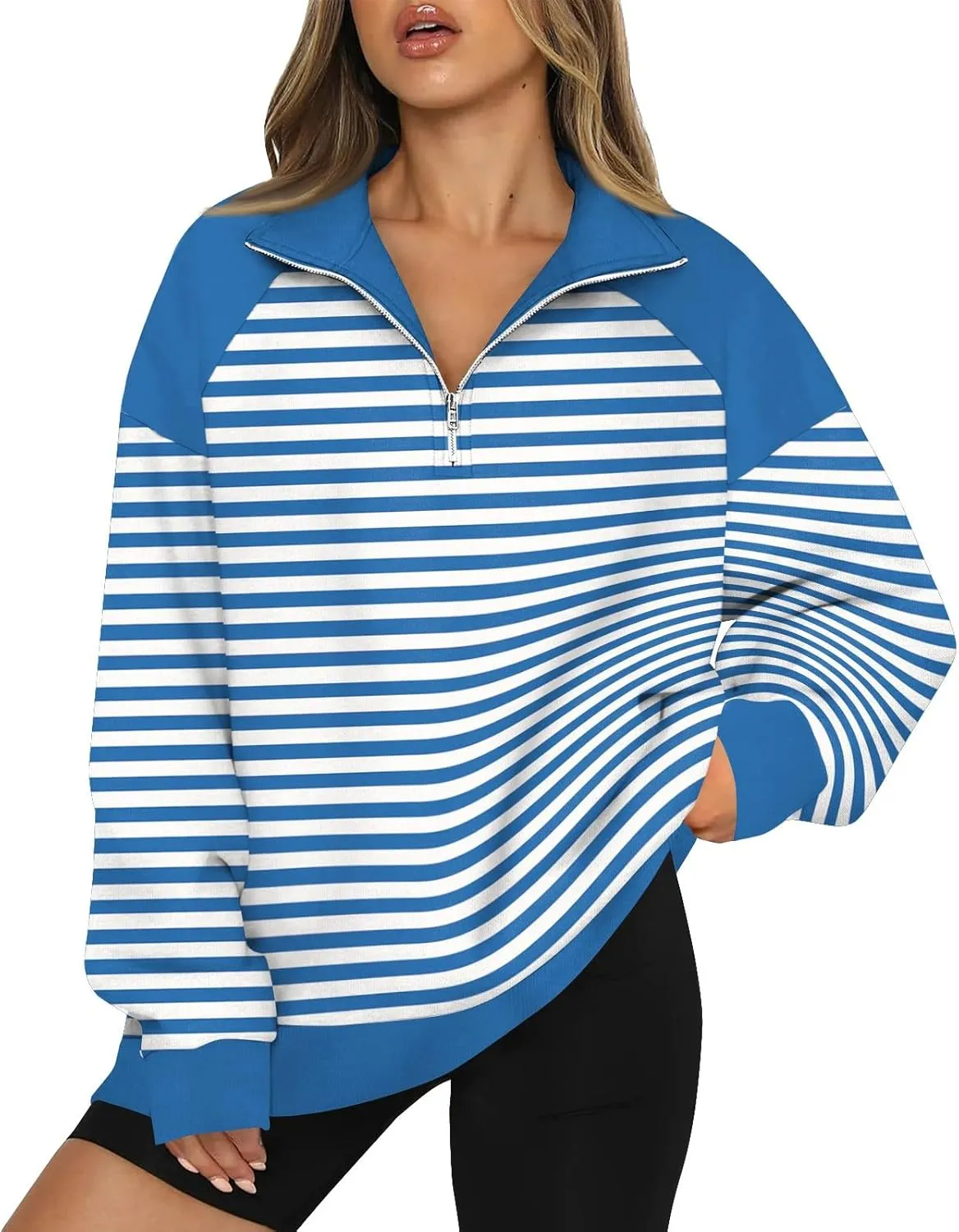 Gumipy Quarter Zip Pullover Women Fleece Stripe Color Block Half Zip Pullover Y2K Lapel Oversized Sweatshirt Long Sleeve Top