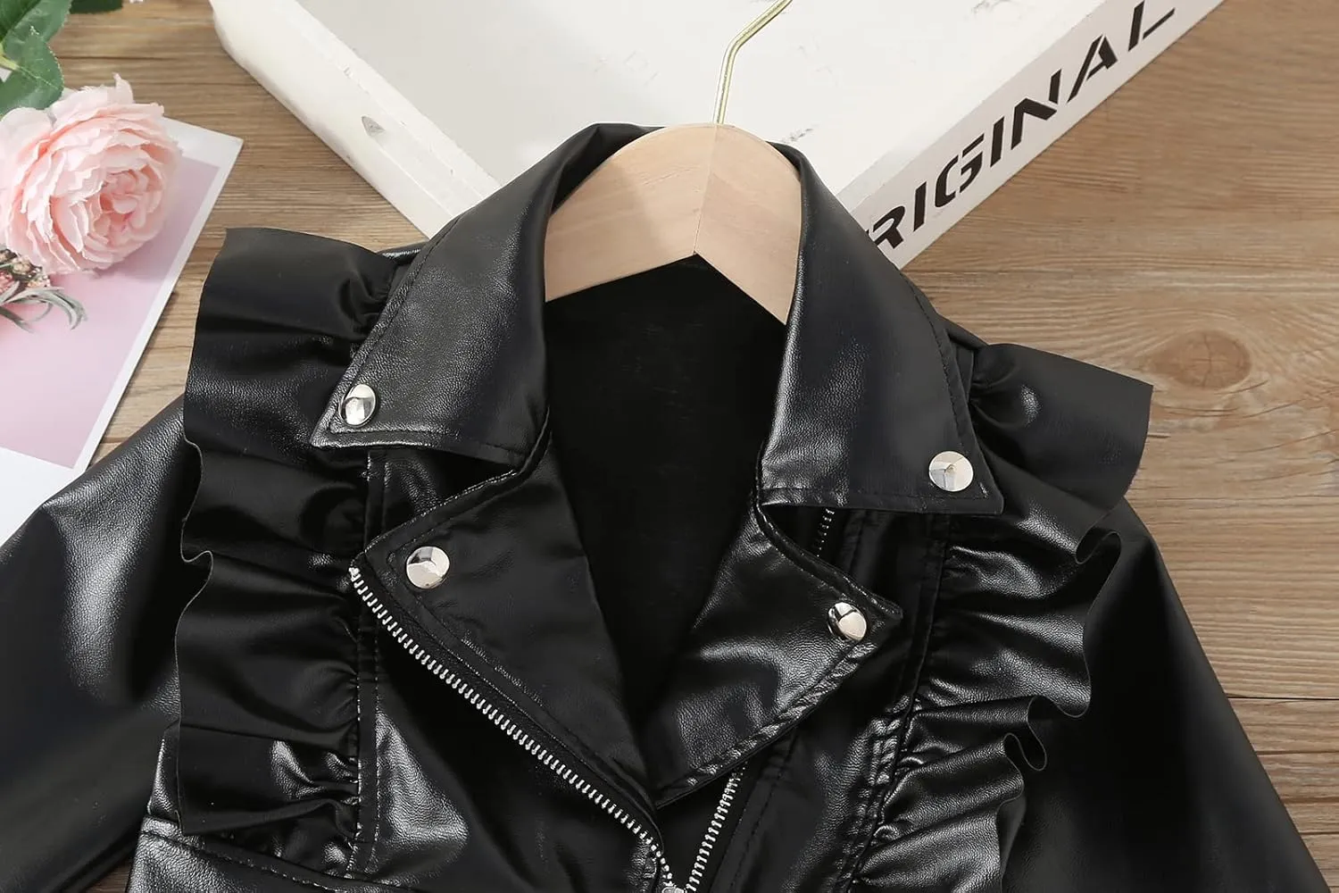 Happy Cherry Baby Girl Faux Leather Motorcycle Jacket Cute Ruffle Spring Fall PU Coat 1-5 Years