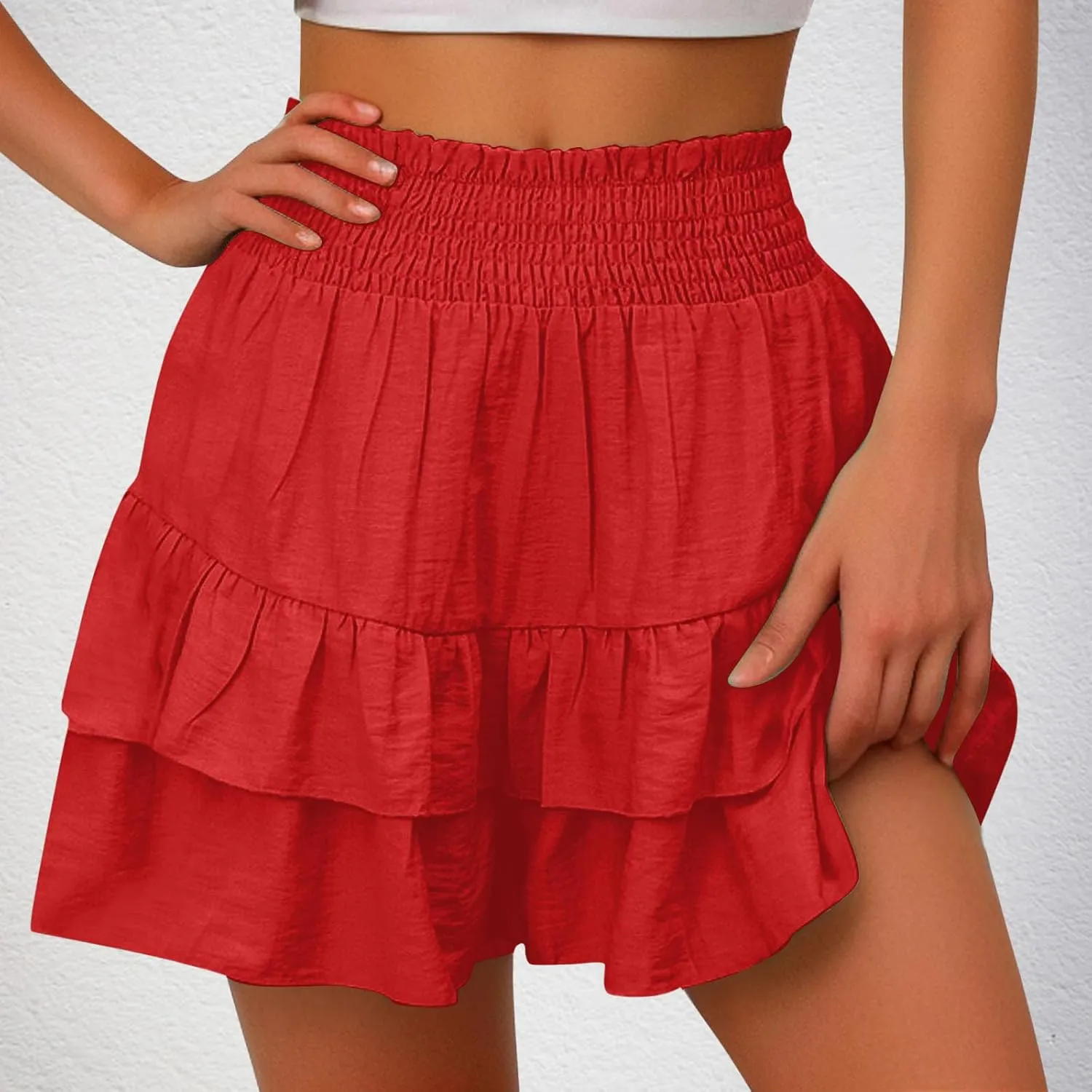 High Waisted Shorts Women Summer Ruffled Flowy Elastic Waist Mini Skirts Casual Tiered Layered Clothes Trendy 2025