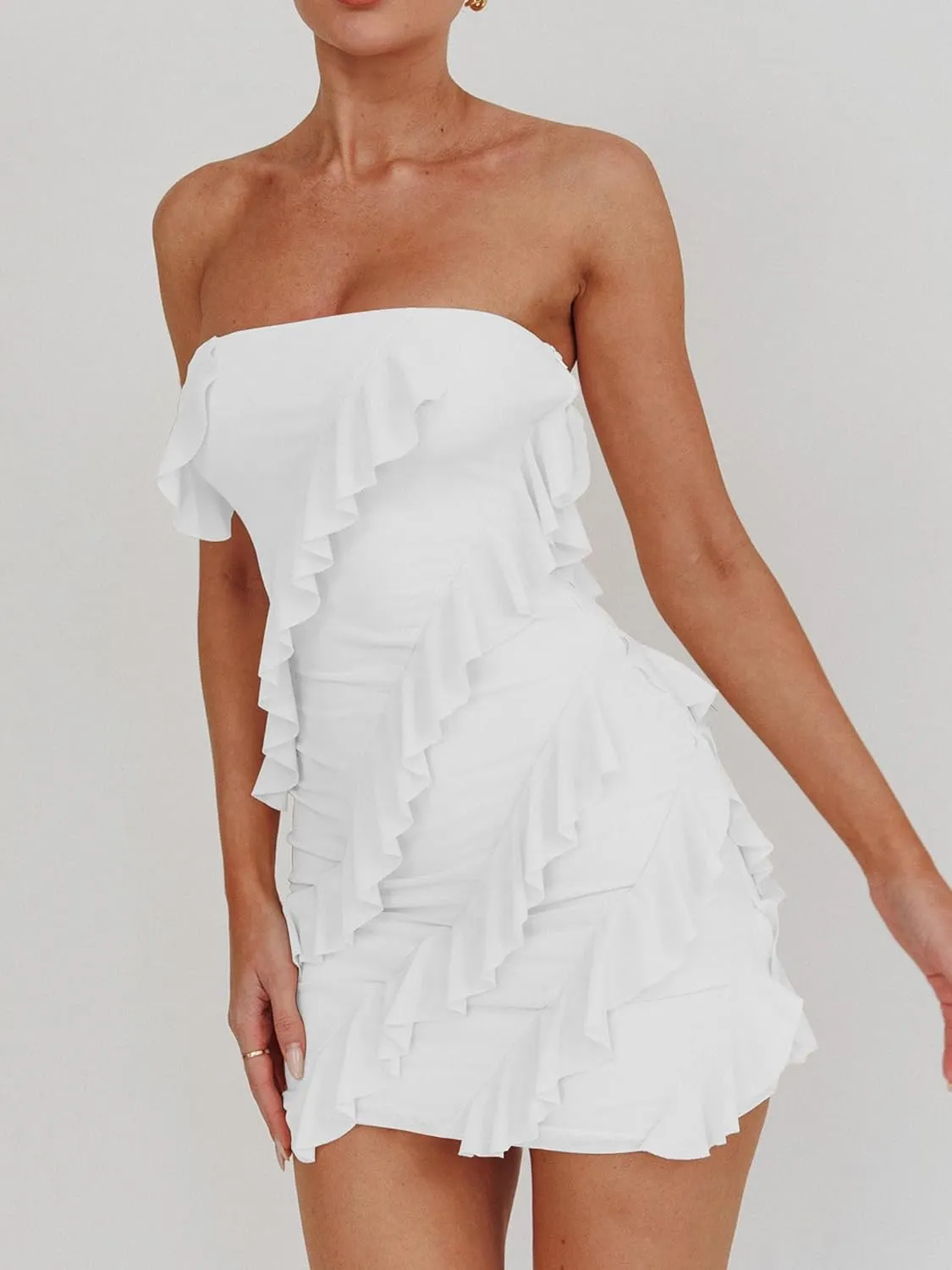 HOCILLE Women's Sexy Strapless Tube Top Bodycon Sleeveless Ruffle Mini Party Dress
