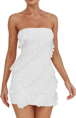HOCILLE Women's Sexy Strapless Tube Top Bodycon Sleeveless Ruffle Mini Party Dress