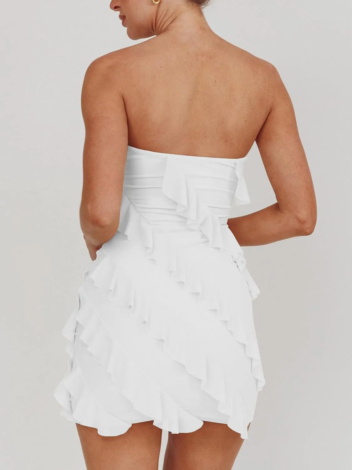 HOCILLE Women's Sexy Strapless Tube Top Bodycon Sleeveless Ruffle Mini Party Dress