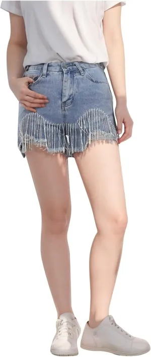 Jean Shorts Womens High Waisted Ripped Rhinestone Pearl Beaded Fringe Comfort Tassel Denim Shorts Raw Hem Frayed