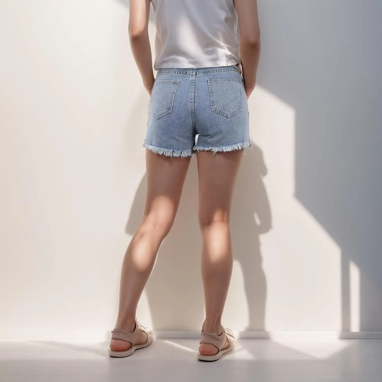 Jean Shorts Womens High Waisted Ripped Rhinestone Pearl Beaded Fringe Comfort Tassel Denim Shorts Raw Hem Frayed