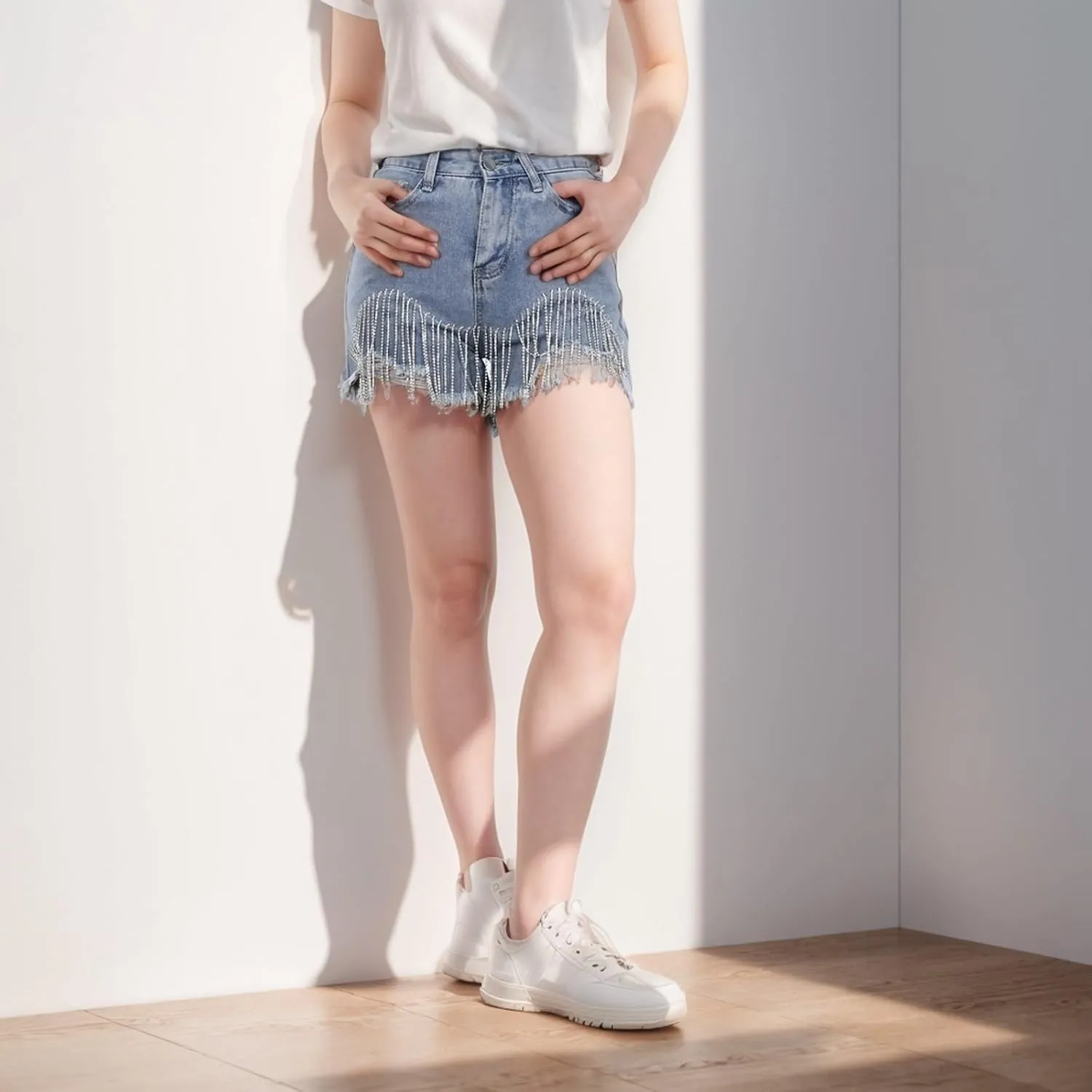 Jean Shorts Womens High Waisted Ripped Rhinestone Pearl Beaded Fringe Comfort Tassel Denim Shorts Raw Hem Frayed