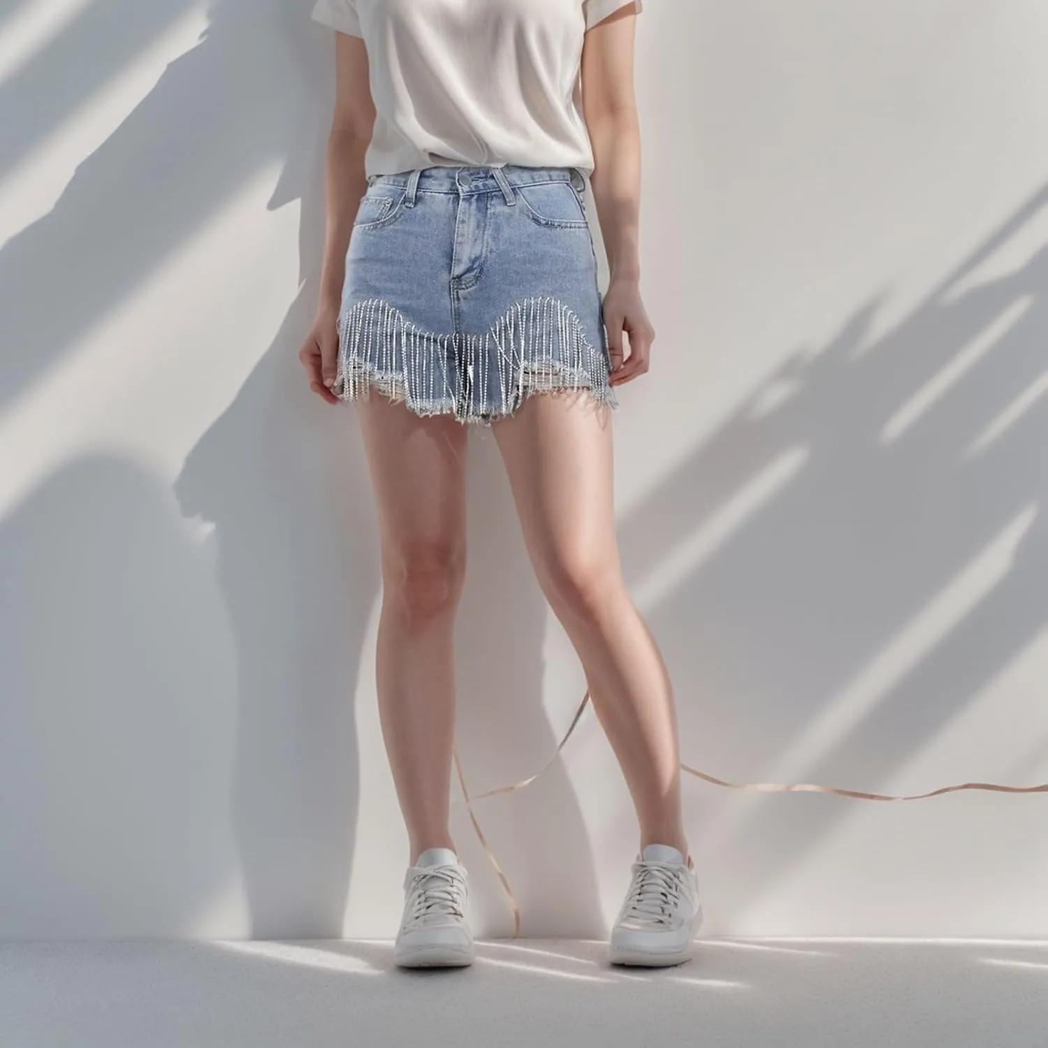 Jean Shorts Womens High Waisted Ripped Rhinestone Pearl Beaded Fringe Comfort Tassel Denim Shorts Raw Hem Frayed