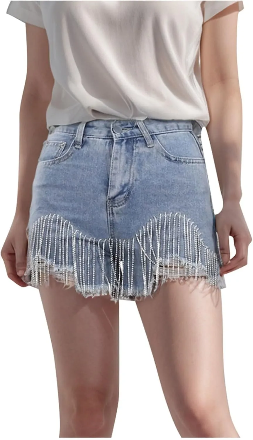 Jean Shorts Womens High Waisted Ripped Rhinestone Pearl Beaded Fringe Comfort Tassel Denim Shorts Raw Hem Frayed