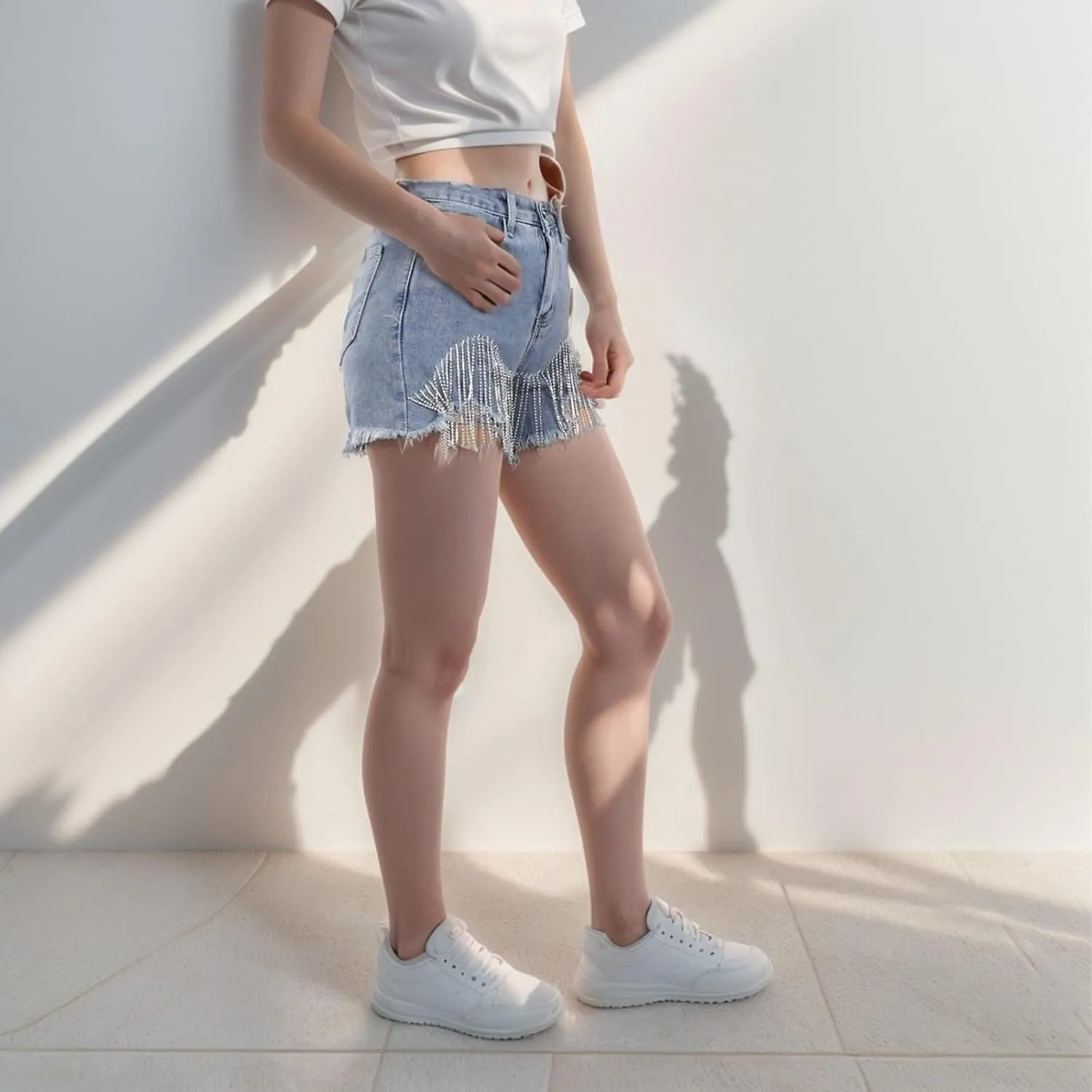 Jean Shorts Womens High Waisted Ripped Rhinestone Pearl Beaded Fringe Comfort Tassel Denim Shorts Raw Hem Frayed